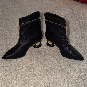 Black Textured Ankle Boots with Gold Accents